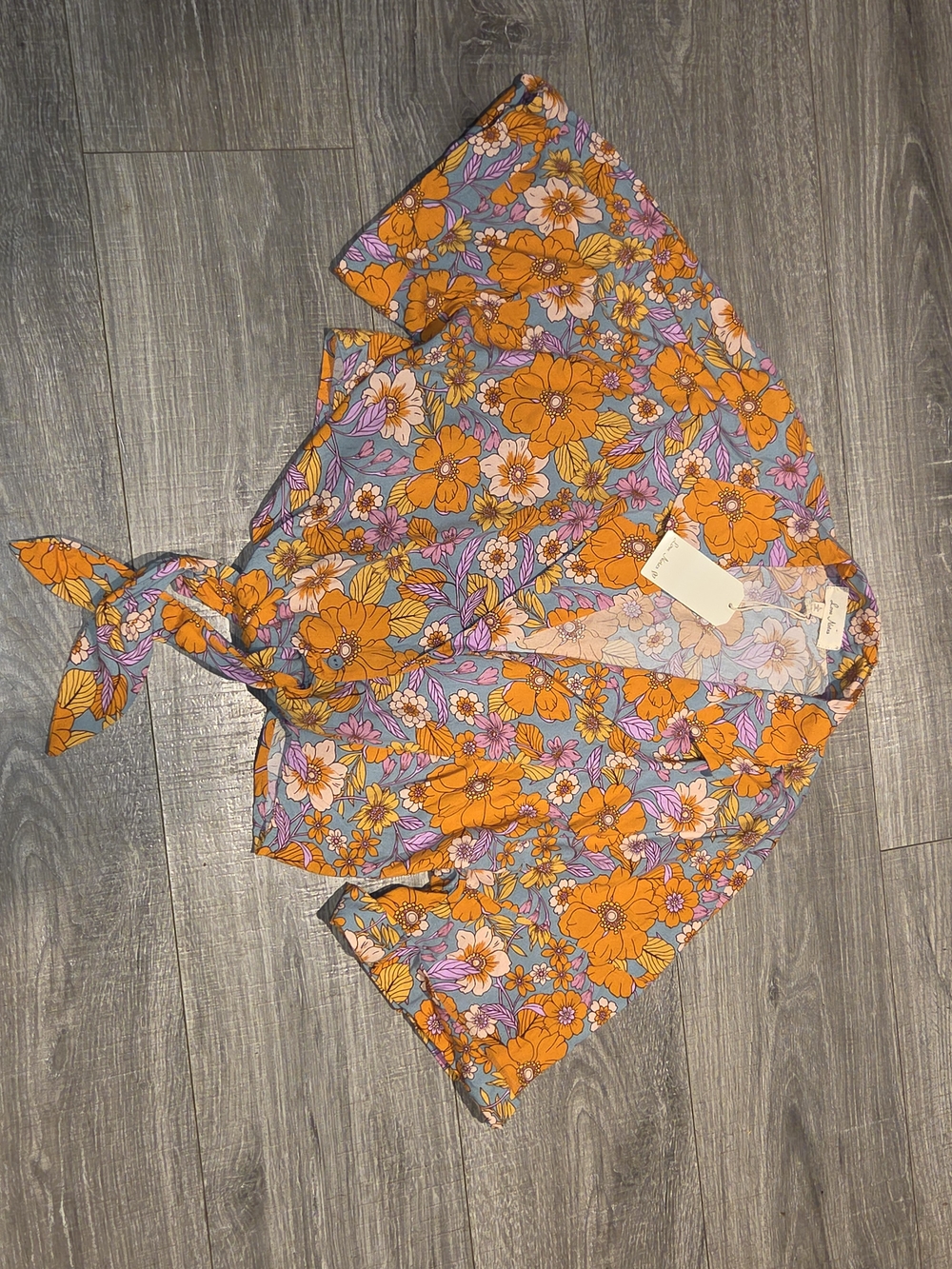 Love Notes Boutique Floral Print Button Tie Front Shirt Orange Lavender & Blue L